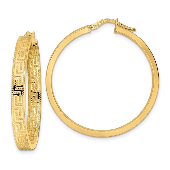 14k Yellow Gold Greek Key Hoop Earrings 36.28 L x 35.97 mm W